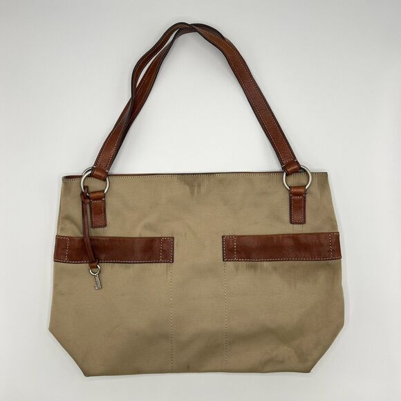 Fossil Tote 1954 Khaki Tan Twill Large Shoulder Bag Brown Leather Trim ZB9495 - Picture 1 of 12